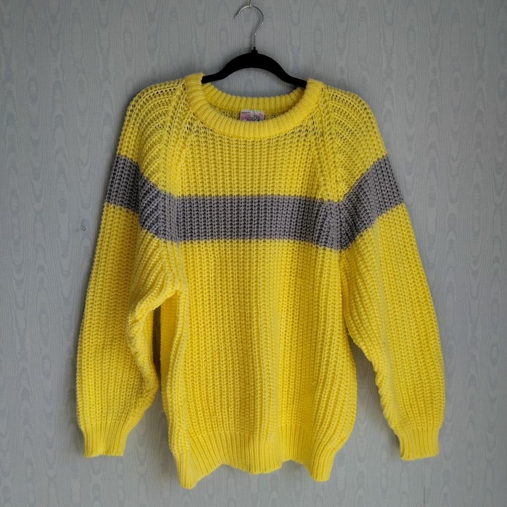 Vtg 80s Women's Large Chunky Knit Butter‎ Yellow Colorblock Varsity Sweater
